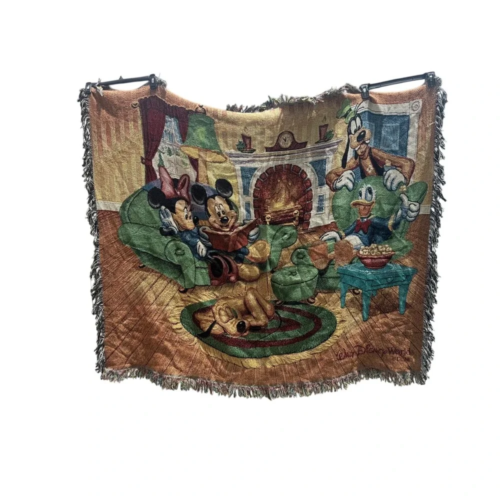 Walt Disney World Mickey Mouse Friend Woven Tapestry Throw Blanket Vintage 63x53